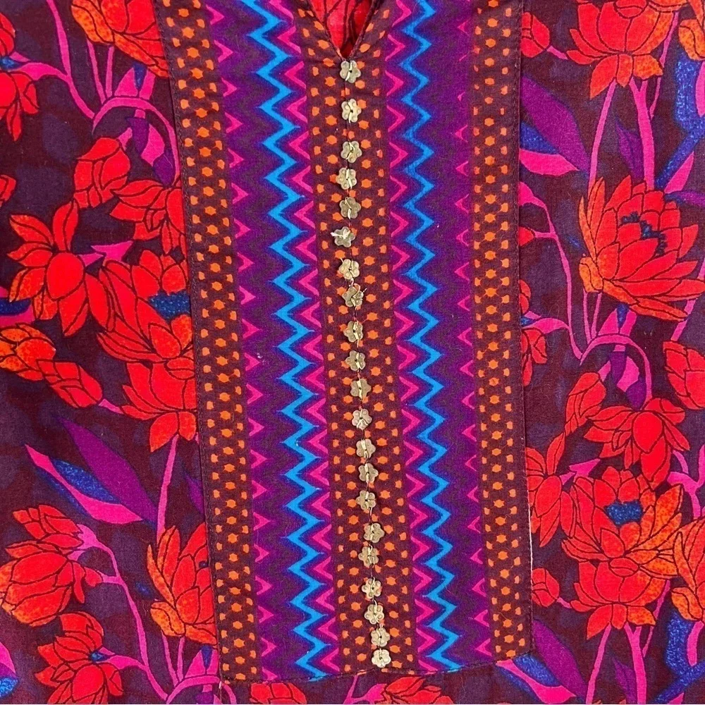 BIBA KURTA/Tunic. Red, Blue & Purple w/Sequins at neck. Size 36. 100% Cotton - Picture 2 of 8